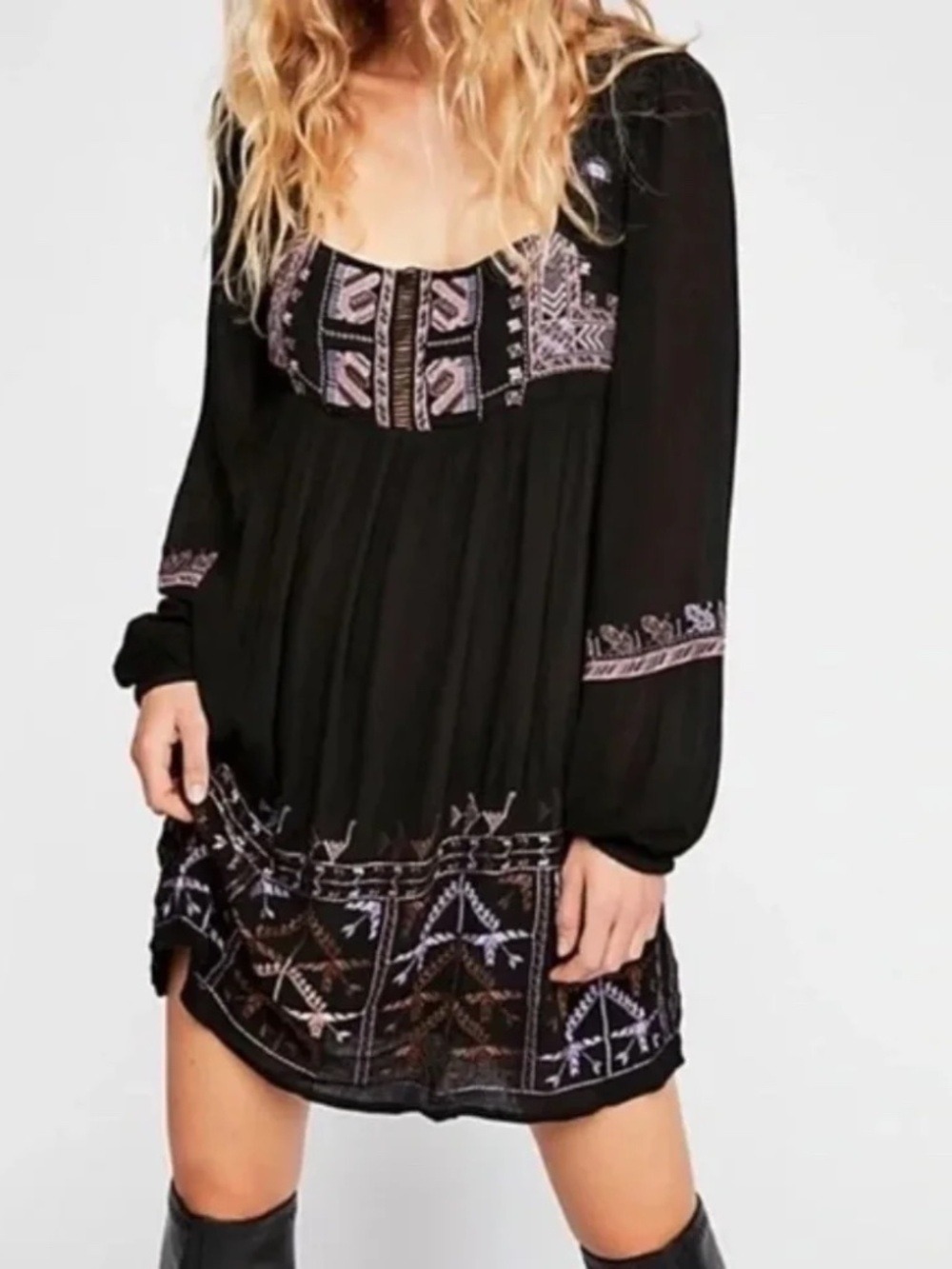 Free People Rhiannon Embroidered Babydoll Dress in Black Long Sleeves Size Small